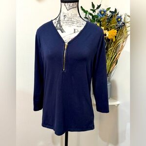Jones New York Blue and Gold zipper front, 3/4 Sleeve Relaxed Blouse size Medium